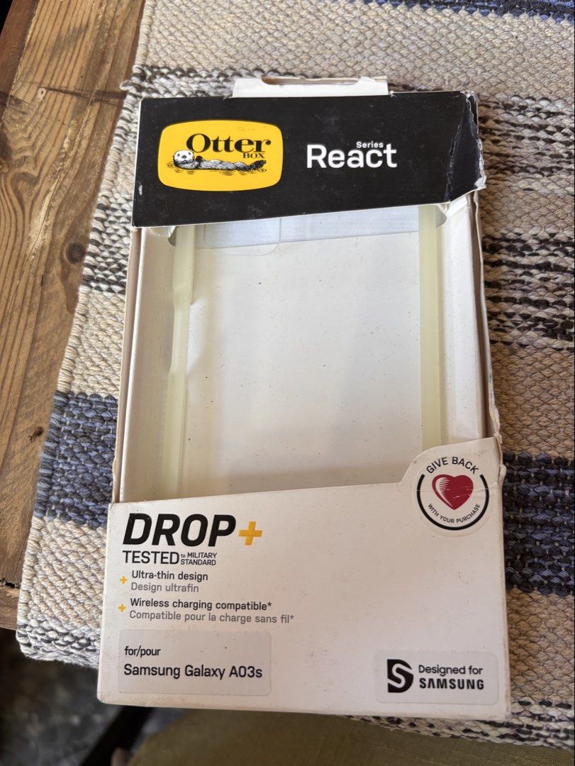 OtterBox React Series case for Samsung Galaxy A03s (Category: Cases & Sleeves) located in Quezon City. Submitted by closettreasure123 (Listing ID 1468138759, Image 1). Description: • Sleek & Pocket-Friendly: An ultra-thin, one-piece profile wraps seamlessly around your device without adding unnecessary bulk. • Trusted Drop Protection: Engineered with OtterBox Certified DROP+ standards to withstand sudden impacts and falls. • Screen & Camera Defen