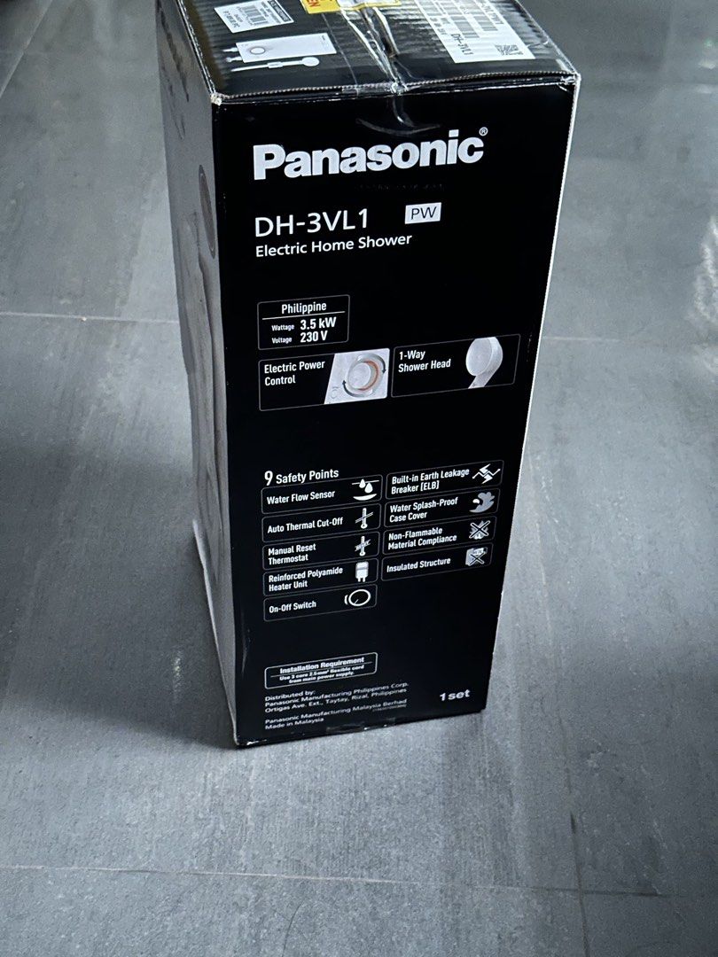Panasonic DH 3VL1 Electric Heater (Category: Bathroom & Kitchen Fixtures) located in Quezon City. Submitted by michael.mendoza (Listing ID 1468132779, Image 3). Description: - Brand: Panasonic - Model: DH-3VL1 Electric Home Shower / Water Heater - Color: White (PW) - Power Rating: 3.5 kW, 230V - Condition: Brand new, factory sealed box with original store receipt - Inclusions: Free flexible hose & wiring cable with plug - Safety Features: 9 safet