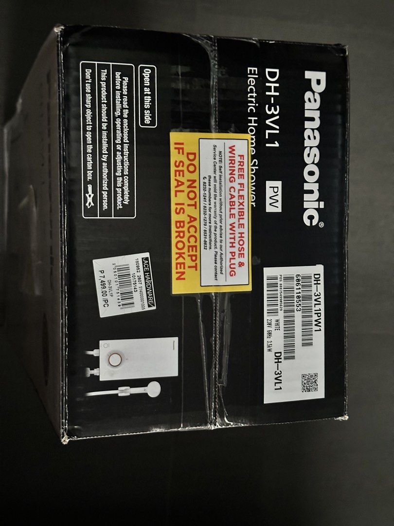 Panasonic DH 3VL1 Electric Heater (Category: Bathroom & Kitchen Fixtures) located in Quezon City. Submitted by michael.mendoza (Listing ID 1468132779, Image 2). Description: - Brand: Panasonic - Model: DH-3VL1 Electric Home Shower / Water Heater - Color: White (PW) - Power Rating: 3.5 kW, 230V - Condition: Brand new, factory sealed box with original store receipt - Inclusions: Free flexible hose & wiring cable with plug - Safety Features: 9 safet