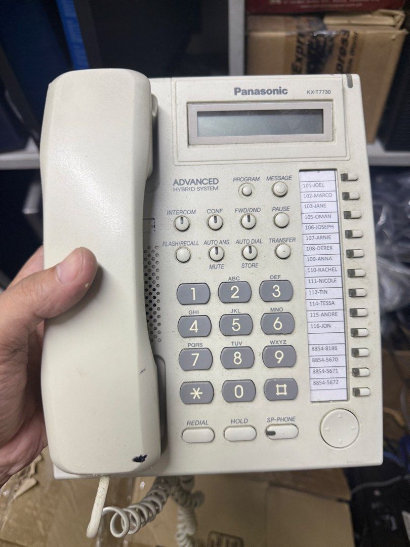 Panasonic KX-T7730 Advanced Hybrid System Telephone (Category: Office & Business Technology) located in Antipolo. Submitted by nil.nil1 (Listing ID 1468114803, Image 1). Description: - Model: Panasonic KX-T7730 proprietary telephone - Color: Standard office beige - Condition: Pre-owned, tested, and fully functional - Features: Built-in LCD display, intercom buttons, directional pad, and keypad - Organization: Convenient label panel on the right s