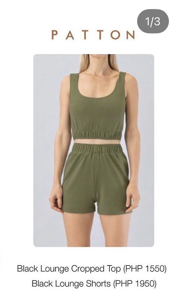 Patton Studio Patty Ang Olive Green Lounge Set Small (Category: Sets or Coordinates) located in Taguig. Submitted by jbep_ (Listing ID 1468079373, Image 1). Description: - Brand: Patton Studio - Condition: Brand new never worn - Size: Small - Color: Olive Green - Set includes: Scoop neck cropped top with elasticized hem & matching high-waist elastic-band shorts - Material: Super soft, breathable fabric - Perfect for: Lounging at home or casual er