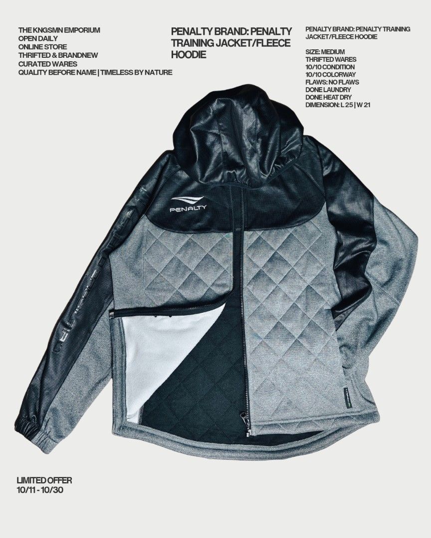 PENALTY TRAINING JACKET/FLEECE HOODIE. (Category: Coats, Jackets and Outerwear) located in Bacoor. Submitted by kngsmn.emporium (Listing ID 1468076753, Image 2). Description: 🔥💎THRIFTED PREMIUM CURATED WARES: PENALTY TRAINING JACKET/FLEECE HOODIE. Details: PENALTY BRAND -THRIFTED WARES. -CONDITION: 10/10 -COLOR WAY: 10/10 -FLAWS: No flaws -SIZE: Medium -Done Laundry. -Done Heat-Dry. -Curated Wares -Dimension: L 25 | W 21 Material: Typically mad