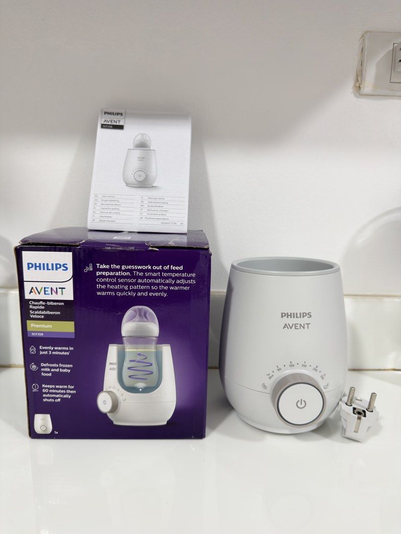 Philips Avent Fast Bottle Warmer Premium (Category: Breastfeeding & Bottle Feeding) located in Caloocan City. Submitted by labellecollection (Listing ID 1468256500, Image 2). Description: - Brand: Philips Avent Fast Bottle Warmer (Model SCF358) - Color: White and grey - Smart sensor automatically adjusts heating for safe and even results - Warms milk in just 3 minutes - Defrosts frozen milk and baby food easily - Keep warm function maintains temp