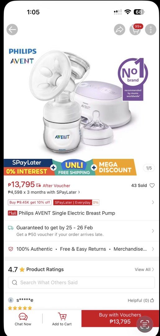 Philips Avent Single Electric Breast Pump (Category: Breastfeeding & Bottle Feeding) located in Pasig City. Submitted by chummybub (Listing ID 1468245616, Image 1). Description: Selling my Avent breast pump Used a few times only RfS - wala talaga akong milk Comes with the pump Motor All parts included 4oz Avent bottle free Current SRP at 11k-13k online.
