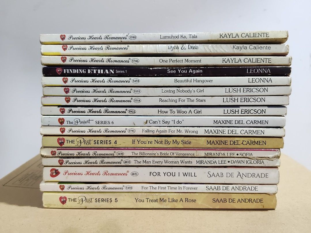 PHR Precious Hearts Romance K-S Bundle PRELOVED (Category: Storybooks) located in Puerto Princesa. Submitted by marsie1937 (Listing ID 1468144657, Image 1). Description: wts lfb FOR SALE PHR Precious Hearts Romance K-S Bundle PRELOVED (16 pcs) Includes: Kayla Caliente, Leonna, Lush Ericson, Maxine Del Carmen, Miranda Lee, Dawn Igloria, Sofia, Saab de Andrade Condition: Fair to Well-used Loc: Puerto Princesa Palawan MOD: J&T MOP: GCash If buying m