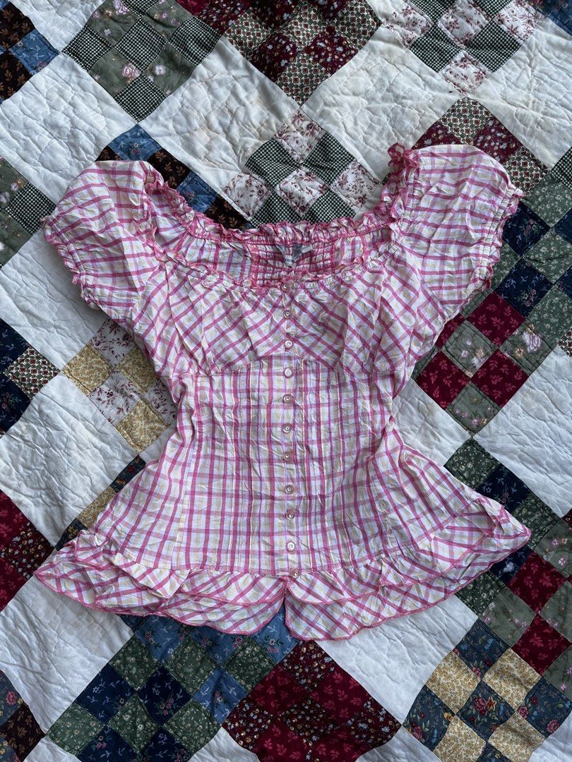 pink and white gingham check milkmaid-style blouse (Category: Blouses) located in Dagupan City. Submitted by joyous.finds (Listing ID 1468146479, Image 1). Description: .