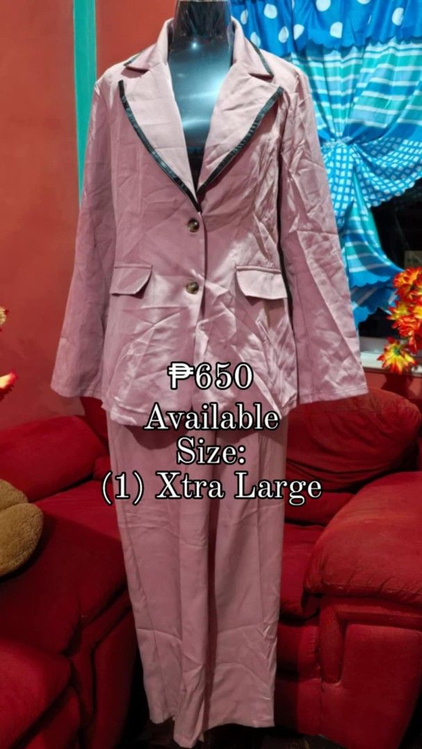 Pink Blazer and Pants Set Xtra Large (Category: Sets or Coordinates) located in Samboan. Submitted by stephie_89 (Listing ID 1468222643, Image 1). Description: - Style: Matching pink blazer and pants set - Size: Extra Large (XL) - Blazer Details: Black trim along lapels, two front buttons, and front flap pockets - Pants Details: High-waisted with a flattering straight-leg cut - Versatility: Solid pink fabric, perfect for office wear or formal eve