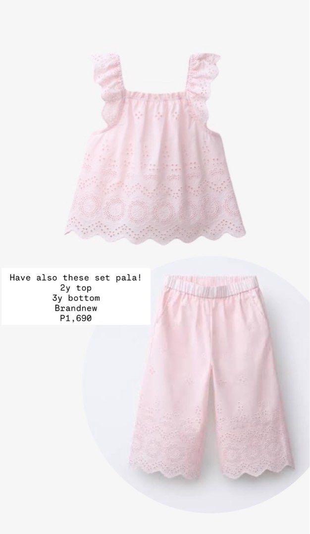Pink Eyelet Ruffle Top and Pants Set (Category: Sets or Coordinates) located in Manila. Submitted by ishi_1 (Listing ID 1468224053, Image 2). Description: Pink eyelet lace top and matching pants set. Sleeveless top with ruffled straps and scalloped hem. Cropped pants feature elastic waistband and detailed embroidery at the lower legs. Note on sizing: top is size 2y, bottom is size 3y. Unworn condition..