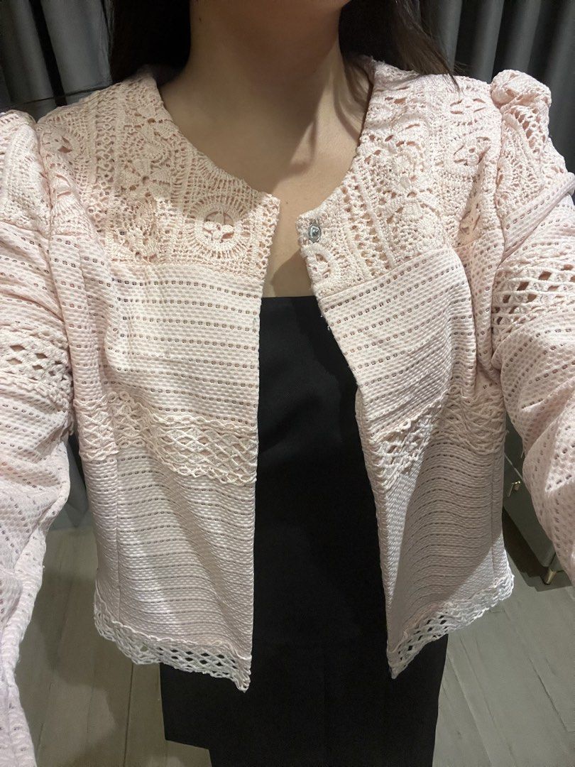 Pink lace textured open-front cardigan jacket (Category: Coats, Jackets and Outerwear) located in Manila. Submitted by caseyandreaa2 (Listing ID 1468185203, Image 3). Description: Small Pick up only Loc: BGC, Taguig, Metro Manila Book your own courier .