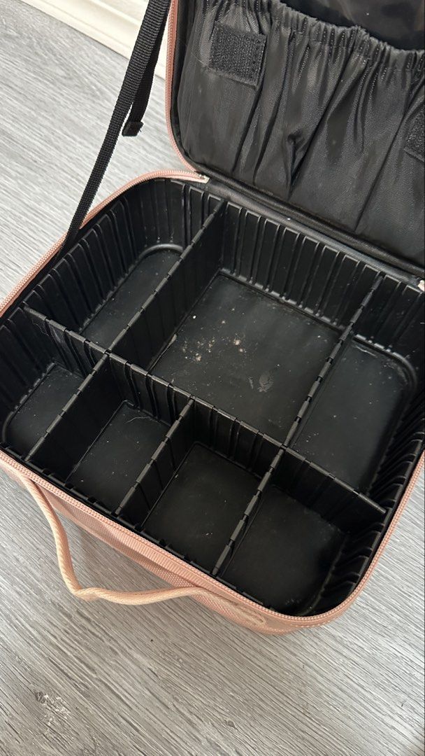 Pink Makeup Organizer Train Case with Adjustable Dividers (Category: Makeup) located in Makati City. Submitted by glyzacatalan (Listing ID 1468084769, Image 3). Description: - Color/Exterior: Cute pink with a durable textured fabric and sturdy top handle - Interior: Lined in black plastic with customizable movable slot dividers - Storage: Lid includes secure brush slots with protective flaps and a handy zipper pocket - Condition: Zippers work smo
