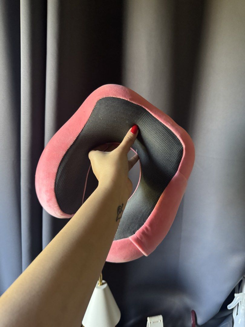 pink neck pillow for travel (Category: Travel Essentials & Accessories) located in Manila. Submitted by leig29 (Listing ID 1468144625, Image 3). Description: feels like memory foam and premium soft cloth just tried on, never used on trips .