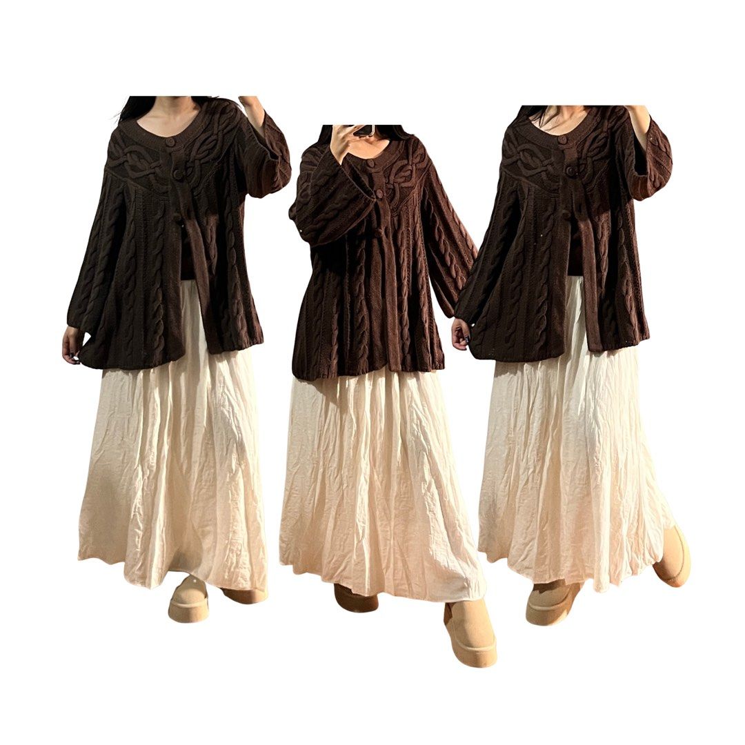 PINTEREST CHOCO BROWN CABLE KNIT BOLERO/CARDI (Category: Coats, Jackets and Outerwear) located in Baguio. Submitted by claie.bg (Listing ID 1468206336, Image 3). Description: ⊹ CHOCO BROWN CABLE KNIT BOLERO/CARDI ⊹ ᰔ super ganda as well!!! quarter button lang siya. ᰔ kaunting fine lints langgg, pero super goods pa rin. ᰔ high quality knit! ᰔ very very twee/mori kei/fairycore <33 DEETS: length- 28 inches bust- up to 52 inches washed and ready to w