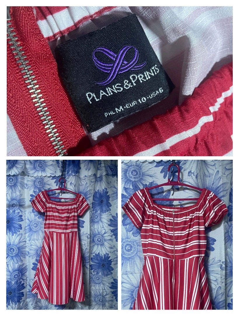 Plains & Prints Red Stripe Off-Shoulder Dress (Category: Dresses) located in Manila. Submitted by arimad.clo (Listing ID 1468229385, Image 1). Description: - Brand: Plains & Prints - Design: Red and white stripes, off-shoulder style with short sleeves - Silhouette: Fitted bodice and flared skirt - Closure: Exposed silver zipper at the back - Size: PHL Medium (EUR 10 / US 6) - Condition: Excellent, clean fabric with no flaws.