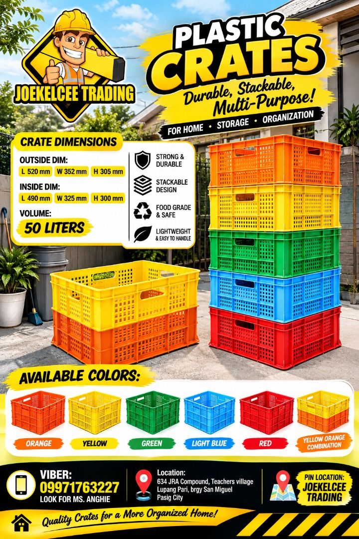PLASTIC CRATES (Category: Other Home Furniture) located in Caloocan City. Submitted by epicdragon.cf8b55 (Listing ID 1468116364, Image 1). Description: PLASTIC CRATES OUTSIDE DIM L:520MM W:352MM H305MM INSIDE DIM L:490MM W:325MM H:325MM JUST CALL US / Pm me for more info. -09971763227 LOOK FOR : Angelina Address: 634 JRA COMPOUND LUPANG PARI SAN MIGUEL PASIG CITY WEBSITE: http://jocelynesidera30.wibsite.com/joekelceetrading email: [hidden informa