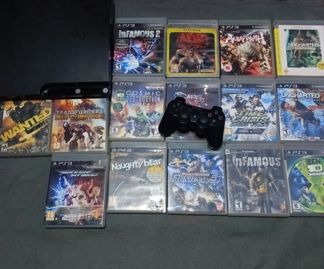 PlayStation 3 Console with Controller and 15 Games (Category: PlayStation) located in Caloocan City. Submitted by purewolf_919048 (Listing ID 1468178525, Image 1). Description: - Platform: Black PlayStation 3 console in great working condition - Controller: Includes 1 black wireless controller - Games: 15 titles included (Infamous 2, Asura's Wrath, Uncharted, Transformers, Ben 10 Cosmic Destruction, Naughty Bear, Dynasty Warriors Gundam 3, Tekken