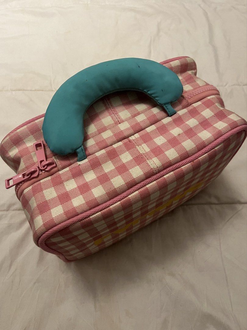 Popique Pink Gingham Hanging Toiletry Bag (Category: Beach Bags) located in Manila. Submitted by beautyarchives (Listing ID 1468201030, Image 2). Description: popique beauty gingham toiletry bag a cute and functional organizer for your beauty essentials • pink and white gingham print • yellow popique lettering on the front • bright blue top handle • built in metal hanging hook • multiple zip compartments and mesh pockets • spacious enough for you
