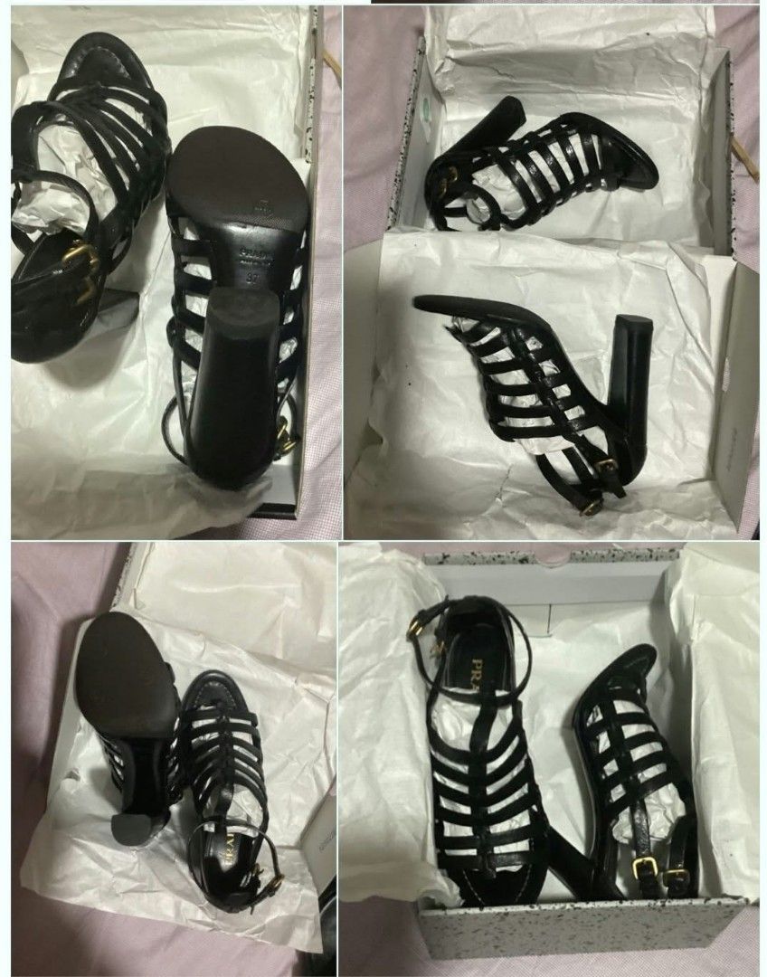 Prada Black Leather Gladiator Sandals Heels Size 37 (Category: Flats & Sandals) located in Paranaque City. Submitted by calm_youngstore7 (Listing ID 1468236766, Image 2). Description: PRADA GLADIATOR CAGE HEELS - Brand: Prada - Style: Black leather gladiator heels / strappy cage design with ankle buckle closures - Heel: Chunky block heel for stability and comfort - Size: 37 (stamped on leather sole) - Inclusions: Original box and tissue paper pac