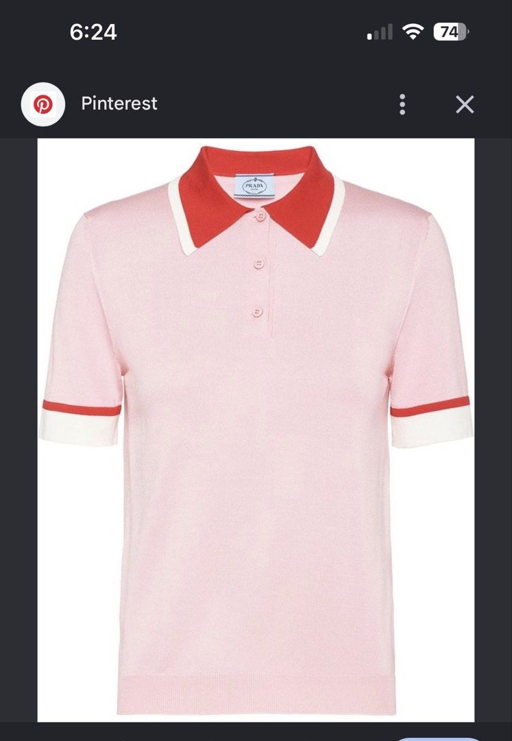 Prada Pink Silk Polo Shirt (Category: Shirts) located in Rosales. Submitted by thriftingismygame (Listing ID 1468169431, Image 1). Description: - Brand: Prada - Item: Silk knit polo shirt - Color: Light pink with red and white collar and sleeve cuffs - Details: Three-button front placket with matching pink buttons, classic fit - Condition: Clean, worn a few times, excellent closet-kept condition - Perfect for smart-casual wear or elevated everyda