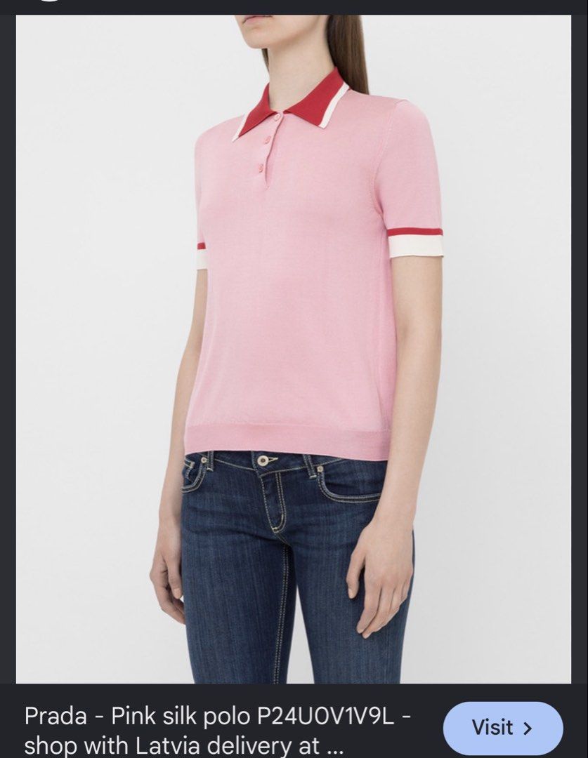 Prada Pink Silk Polo Shirt (Category: Shirts) located in Rosales. Submitted by thriftingismygame (Listing ID 1468169431, Image 2). Description: - Brand: Prada - Item: Silk knit polo shirt - Color: Light pink with red and white collar and sleeve cuffs - Details: Three-button front placket with matching pink buttons, classic fit - Condition: Clean, worn a few times, excellent closet-kept condition - Perfect for smart-casual wear or elevated everyda