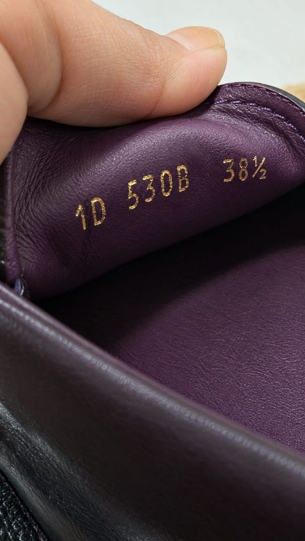 Prada Purple Saffiano Leather (Category: Sneakers & Footwear) located in Lucena. Submitted by amirahsoonlineshop (Listing ID 1468076053, Image 3). Description: - Brand: Prada - Color: Purple - Material: Patent leather with Saffiano texture - Size: 38.5 - Design: Dainty front bow with gold-tone Prada Milano metal logo - Soles: Rubber driving soles for added grip - Interior: Clean purple lining - Style: Everyday slip-on loafers.