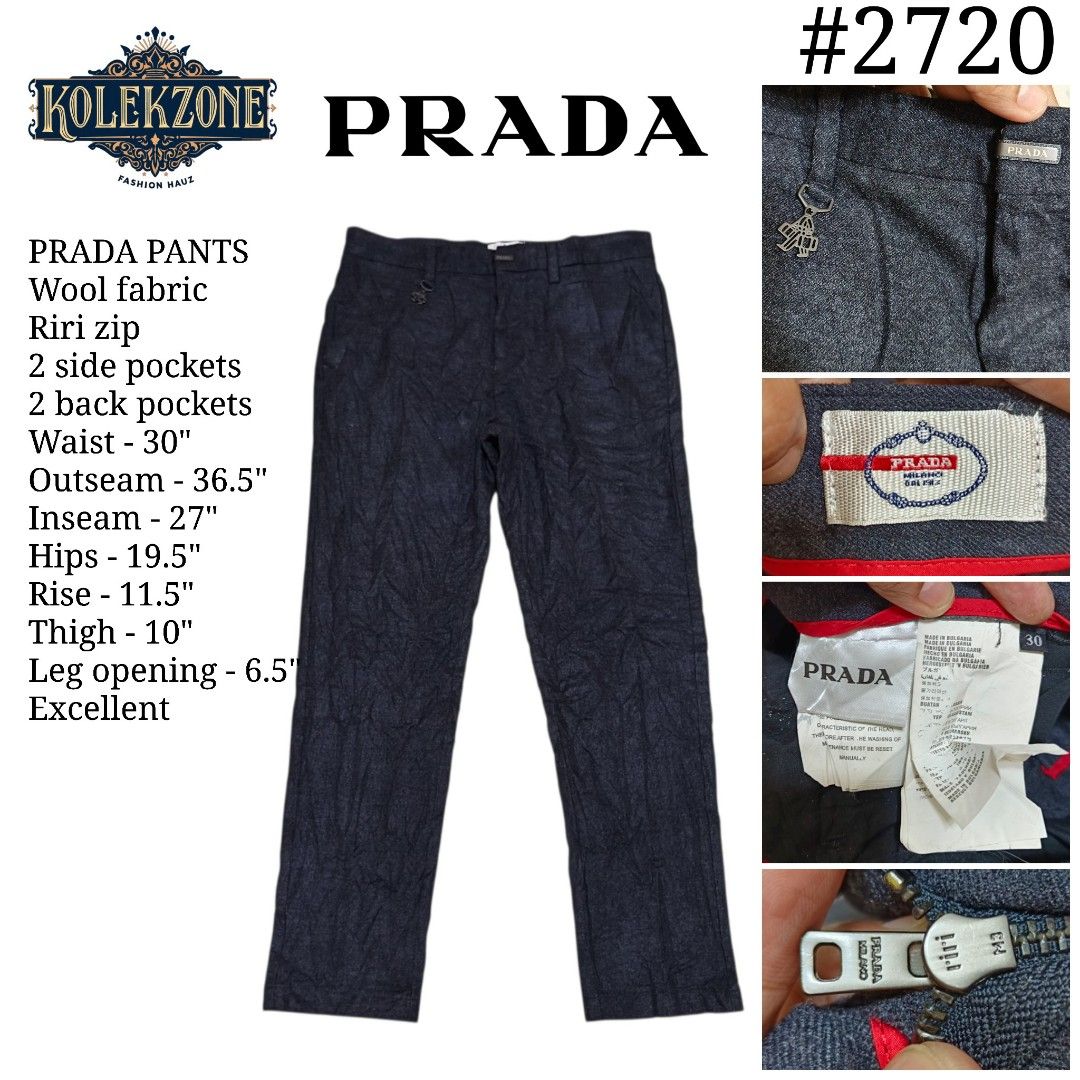 PRADA Wool Pants Dark Grey Size 30 (Category: Trousers) located in Nasugbu. Submitted by staffpicks1515 (Listing ID 1468222153, Image 1). Description: Prada wool pants in dark grey. Riri zip closure. Two side pockets plus two back pockets. Tagged size 30. Measurements: waist 30 inches, outseam 36.5 inches, inseam 27 inches, hips 19.5 inches, rise 11.5 inches, thigh 10 inches, leg opening 6.5 inches. Made in Bulgaria. Clean piece..