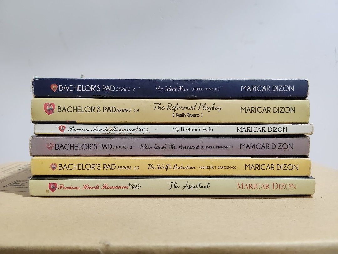 Precious Hearts Romances Maricar Dizon Novels Bundle (Category: Storybooks) located in Puerto Princesa. Submitted by marsie1937 (Listing ID 1468143508, Image 1). Description: wts lfb FOR SALE PHR Precious Hearts Romance Maricar Dizon Bundle PRELOVED (6 pcs) Bachelor's Pad Series 3, 9, 10, 14 My Brother's Wife, The Assistant Condition: Fair to Well-used Loc: Puerto Princesa Palawan MOD: J&T MOP: GCash If buying multiple sets, maximum of 20 pieces 