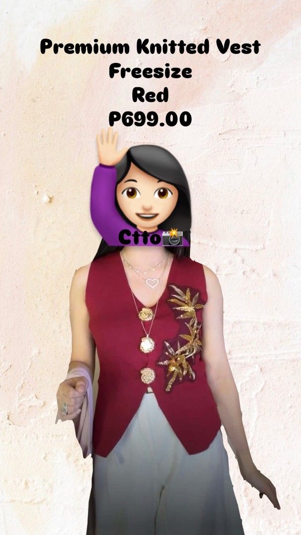 Premium Knitted Vest Freesize Red (Category: Sleeveless) located in Marikina City. Submitted by savemyclosetph (Listing ID 1468245560, Image 1). Description: - Color: Rich maroon-red - Size: Freesize - Design: V-neck with decorative gold floral embroidery on the front left - Closure: Statement button accents - Style: Great layering piece with a clean finish along the edges.