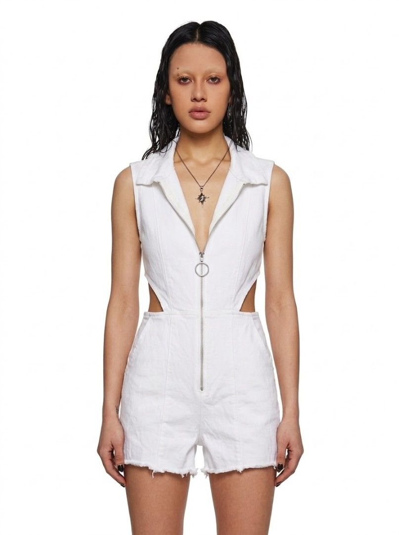 [PrettyLittleThing] Cut Out Denim Romper (Category: Rompers) located in Valenzuela. Submitted by xellexoxo (Listing ID 1467808311, Image 1). Description: DETAILS: ☆ Brand: PrettyLittleThing from Goodwill ☆ Style: Cut-out romper ☆ Color: White ☆ Size: M to L 28-32 inch waist 29 inch length 14 inch from waist ☆ Condition: In good condition. Has removable stains. Wash before use..