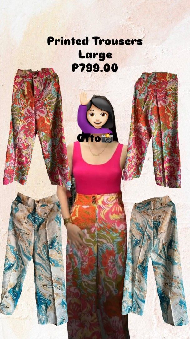 Printed Trousers Large P799.00 (Category: Jeans) located in Marikina City. Submitted by savemyclosetph (Listing ID 1468245379, Image 1). Description: - Size: Large - Design: Colorful floral and abstract marble patterns - Fit: Relaxed, comfortable, and easy to match with basic tops - Ideal for: Casual days out - Price: P799.00.