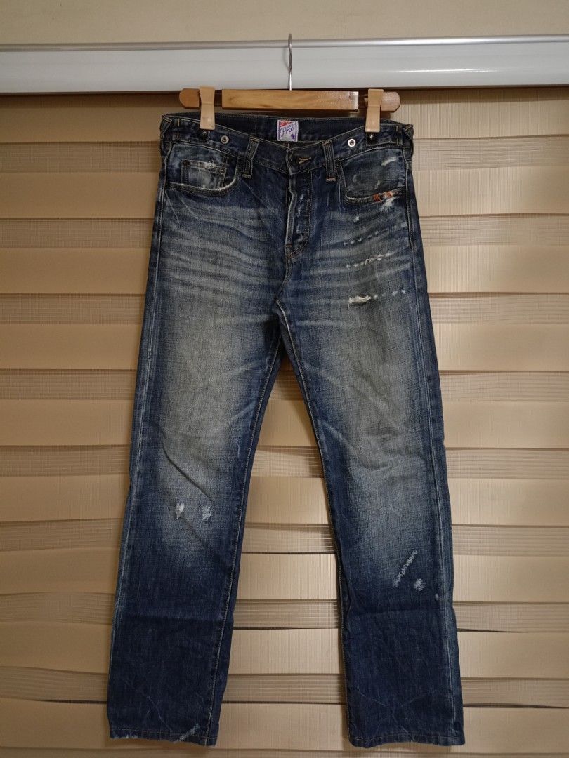 PRPS Noir "Rambler" Slim Straight Jeans (Category: Jeans) located in Valenzuela. Submitted by One.Only.Nan (Listing ID 1468221635, Image 1). Description: PRPS (Purple Tag / "紫製品") distressed denim jeans designed by Donwan Harrell. - Non-selvedge premium denim - Design & Wash: Dark indigo wash with heavy hand-distressing, whiskering, repaired/patchwork details, and signature button-fly construction. - Origin: Crafted in Japan from high-grade denim