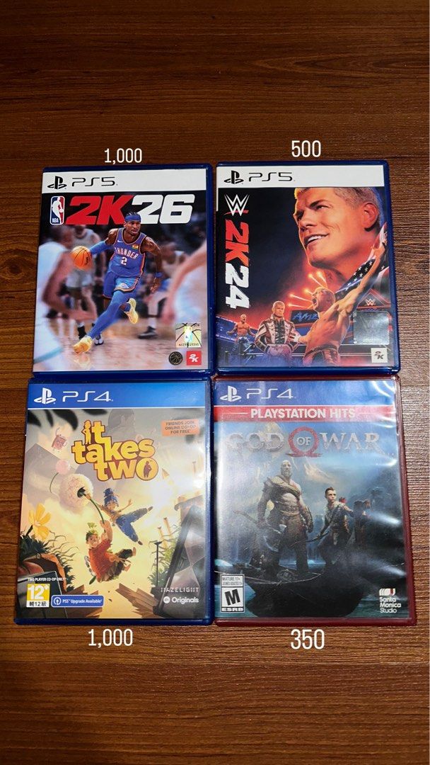 PS4 and PS5 games (Category: PlayStation) located in Manila. Submitted by jaylen1026 (Listing ID 1468253069, Image 1). Description: for sale ps4 and ps5 games slightly used negotiable pwede pa tumawad nba 2k26 - 1000 wwe 2k24 - 500 it takes two - 1000 god of war - 350 if as pack - 2,650 .