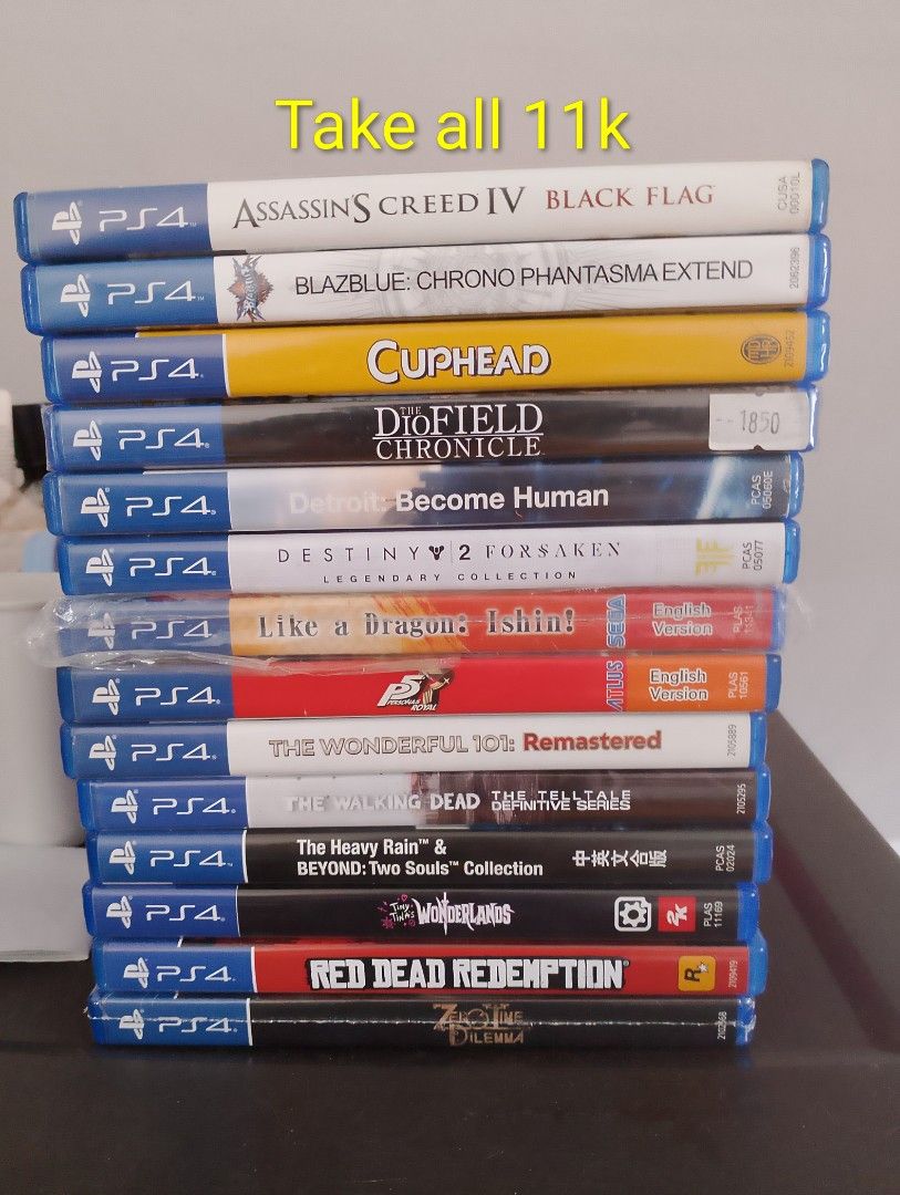 PS4 GAMES (Category: PlayStation) located in Santa Rosa. Submitted by rakuilio (Listing ID 1468188652, Image 1). Description: - Bundle of 14 PlayStation 4 games sold together - Titles include: Assassin's Creed IV Black Flag, BlazBlue Chrono Phantasma Extend, Cuphead, The DioField Chronicle, Detroit Become Human, Destiny 2 Forsaken Legendary Collection, Like a Dragon Ishin, Persona 5 Royal, The Wonderful 101 Remastered, The Walking Dead The Tellta