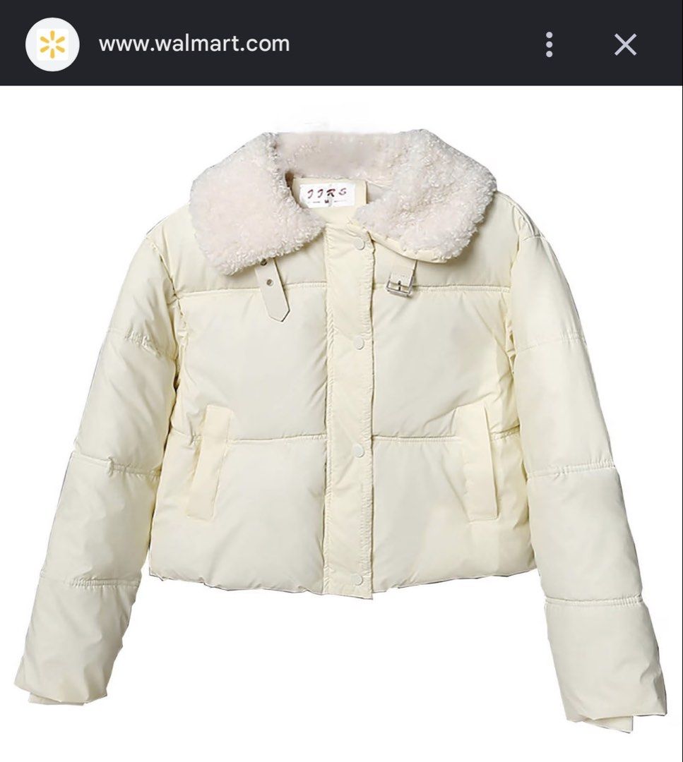 Puffer Jacket (Category: Coats, Jackets and Outerwear) located in Quezon City. Submitted by dam2025 (Listing ID 1468063333, Image 1). Description: This is a cream-colored cropped puffer jacket with a plush white fleece/faux-fur collar, buckle strap details at the neck, and snap-button closures..