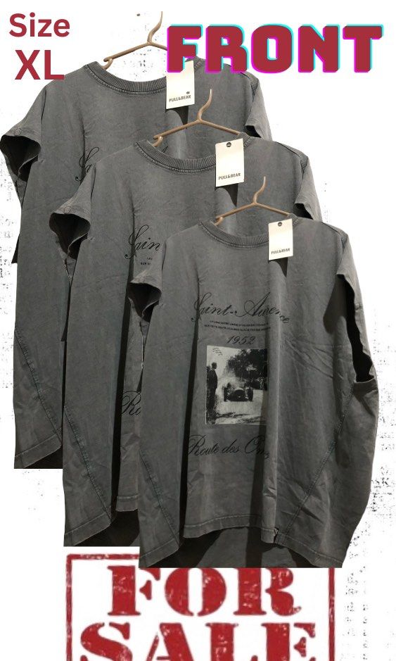 Pull&Bear Saint-Averence Graphic T-Shirt XL Grey (Category: Activewear) located in Manila. Submitted by markgatus097935 (Listing ID 1468152103, Image 1). Description: - Brand: Pull&Bear - Condition: Brand new with tags, unworn - Size: XL (Relaxed fit) - Color: Dark grey wash - Design: 'Saint-Averence 1952 Route des Vignes' graphic on front - Details: Plain back with a stylish horizontal seam.