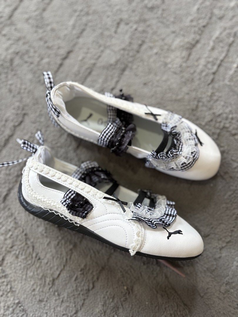 Puma Custom Black & White Gingham Ruffle Ballet Sneakers (Category: Sneakers) located in Lapu Lapu. Submitted by jadegodine04736 (Listing ID 1468148918, Image 1). Description: - Brand: Puma (Customized DIY Coquette Style) - Color: White with black & white gingham - Details: Ruffles, beaded straps, lace trim, and a black heel bow - Size: UK 5 / EUR 38 / US Women's 7.5 / CM 24 - Condition: Clean, zero scuffs on soles - Status: Ready to ship.