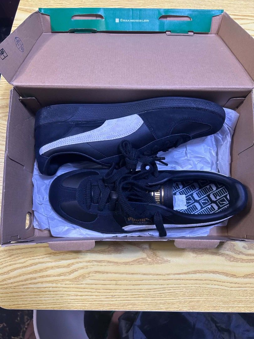 Puma Palermo Black White Sneakers (Category: Sneakers) located in Manila. Submitted by marjoriete27817 (Listing ID 1468241486, Image 2). Description: - Brand: Puma Palermo -size 9.5 - Colorway: Black and White - Condition: Brand new, 100% clean soles with zero scuffs or wear marks - Details: Classic suede and leather upper with signature gold foil branding - Inclusions: Complete with original Puma shoebox and packing paper - Mode of Payment: GCas