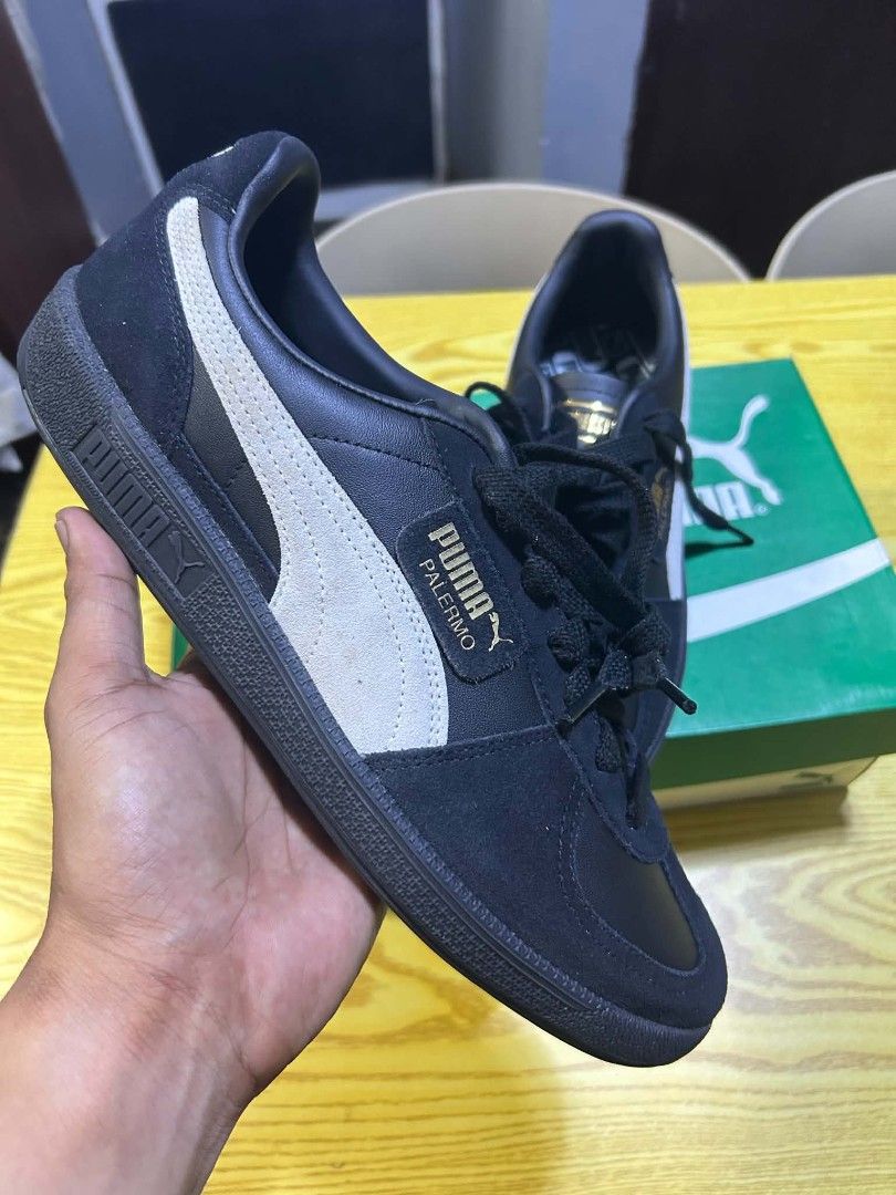 Puma Palermo Black White Sneakers (Category: Sneakers) located in Manila. Submitted by marjoriete27817 (Listing ID 1468241486, Image 3). Description: - Brand: Puma Palermo -size 9.5 - Colorway: Black and White - Condition: Brand new, 100% clean soles with zero scuffs or wear marks - Details: Classic suede and leather upper with signature gold foil branding - Inclusions: Complete with original Puma shoebox and packing paper - Mode of Payment: GCas