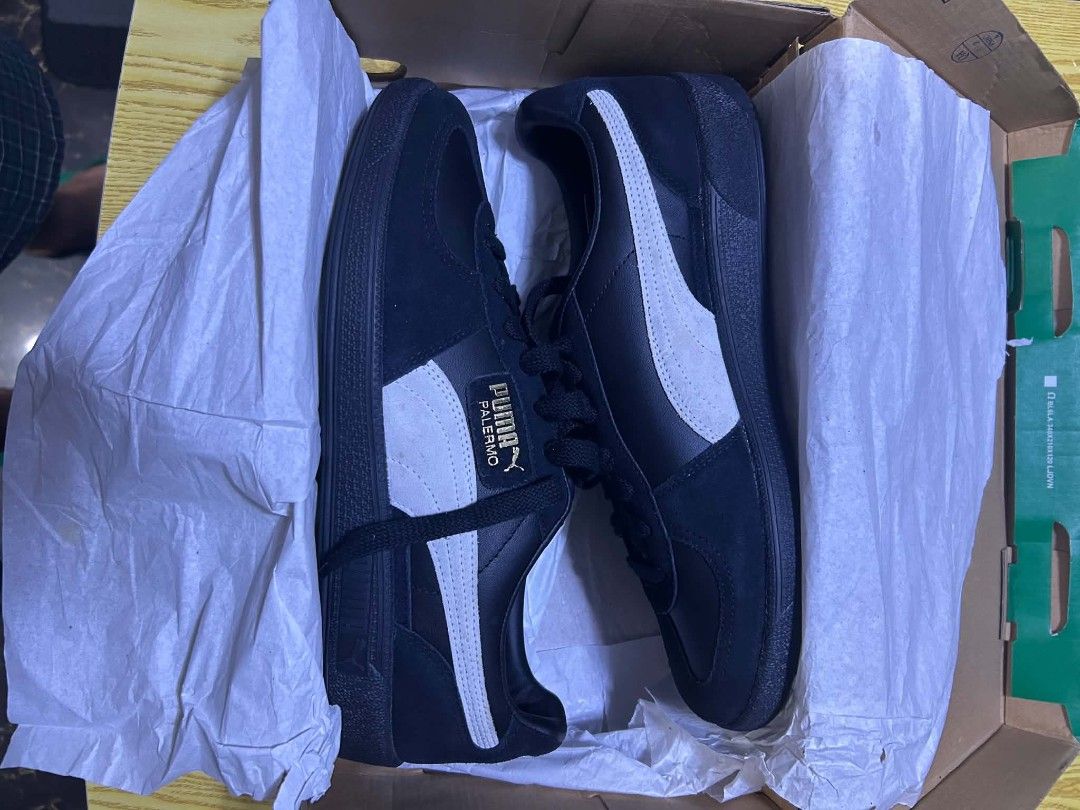 Puma Palermo Black White Sneakers (Category: Sneakers) located in Manila. Submitted by marjoriete27817 (Listing ID 1468241486, Image 1). Description: - Brand: Puma Palermo -size 9.5 - Colorway: Black and White - Condition: Brand new, 100% clean soles with zero scuffs or wear marks - Details: Classic suede and leather upper with signature gold foil branding - Inclusions: Complete with original Puma shoebox and packing paper - Mode of Payment: GCas
