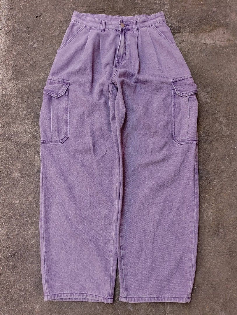 Purple Denim Cargo Pants Wide Leg (Category: Jeans) located in Bago City. Submitted by the_outcast6101 (Listing ID 1468278964, Image 3). Description: - Color & Finish: Purple with a vintage acid wash faded look - Fit: Relaxed streetwear wide-leg fit with front pleats - Pockets: Two functional side cargo pockets with flaps plus back pockets - Closure: Secure metal button closure and reliable SBS zipper fly - Condition: Brand new and ready to style