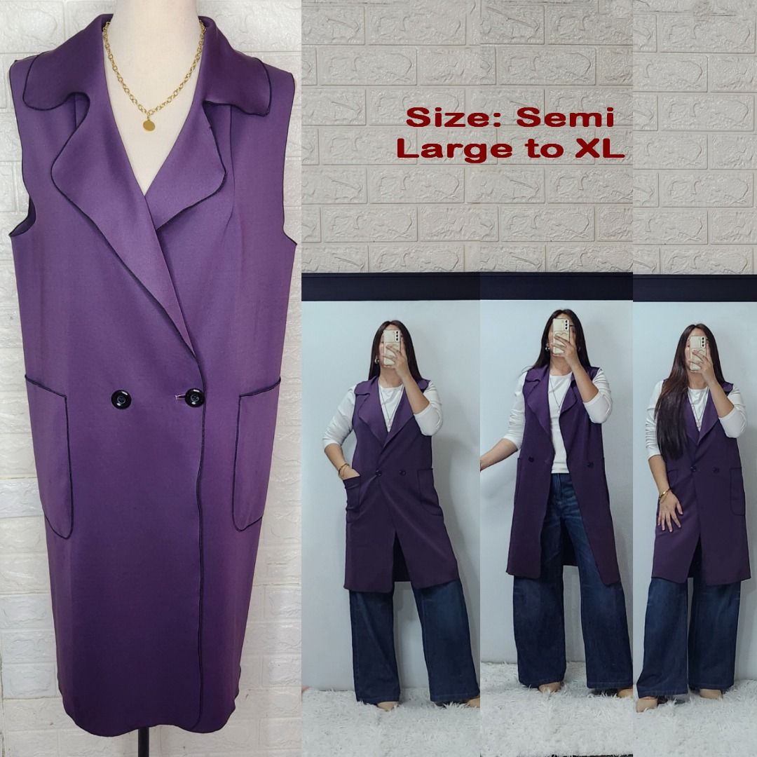 Purple Long Sleeveless Vest Jacket (Category: Coats, Jackets and Outerwear) located in Quezon City. Submitted by graciejosue (Listing ID 1468060219, Image 1). Description: Rare piece apparel at a very reasonable price and great condition!!! Washed and ready to wear. - Color: Purple with black double-breasted buttons and dark piping trim - Design: Long sleeveless vest, structured lapel collar, and two front pockets - Fit: Comfortable Semi-Large to