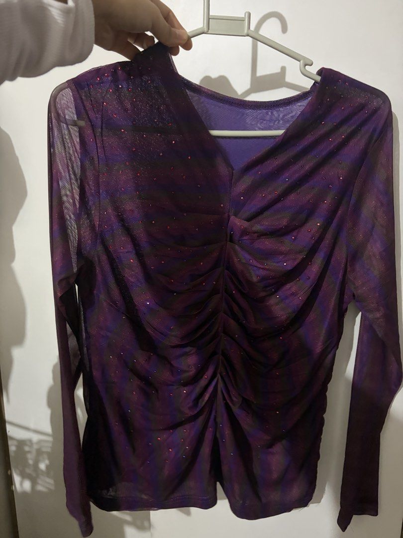 Purple mesh long sleeve ruched top (Category: Longsleeves) located in Taguig. Submitted by won_eeee (Listing ID 1468064136, Image 2). Description: - Purple and green striped mesh top - Sparkly stud details all over - Long sleeves and flattering V-neck - Gathered ruching down the front - Plain striped back - Slightly sheer with plenty of stretch for a comfortable fit.
