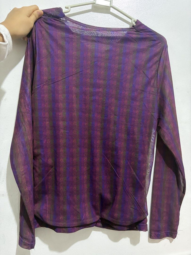 Purple mesh long sleeve ruched top (Category: Longsleeves) located in Taguig. Submitted by won_eeee (Listing ID 1468064136, Image 3). Description: - Purple and green striped mesh top - Sparkly stud details all over - Long sleeves and flattering V-neck - Gathered ruching down the front - Plain striped back - Slightly sheer with plenty of stretch for a comfortable fit.
