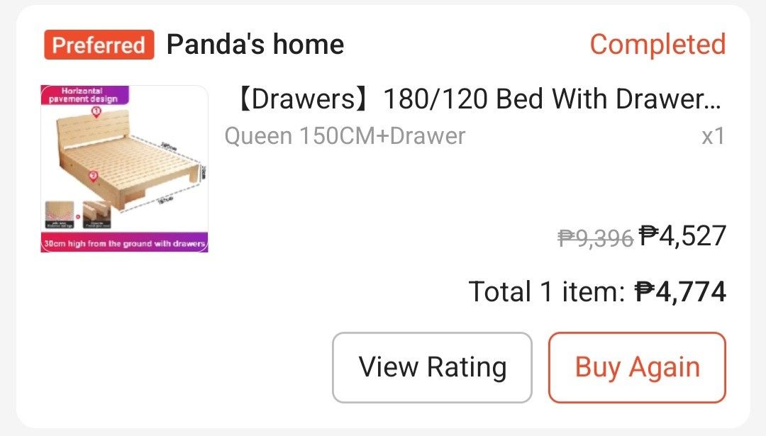 Queen 150CM Bed With Drawers Panda's Home (Category: Bed Frames & Mattresses) located in Pasig City. Submitted by mywellloved (Listing ID 1468107488, Image 1). Description: - Brand: Panda's Home - Size: Fits standard queen mattresses - Material/Finish: Sturdy build with a natural wood finish - Storage: Built-in drawers underneath for extra space-saving - Design: Elegant horizontal pavement design on the headboard - Height: Stands 30cm high from t