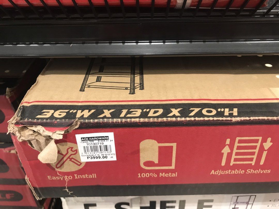 Quick Shelf 5 Layer Metal Rack 36" x 13" x 70" (Category: Shelves, Cabinets & Racks) located in Pasig City. Submitted by papotzy (Listing ID 1468215947, Image 2). Description: - Brand new in box, unopened package straight from Ace Hardware - 100% heavy-duty metal build for long-lasting durability - 5 spacious tiers with adjustable shelves to fit your storage needs - Dimensions: 36 inches wide, 13 inches deep, and 70 inches high - Easy to install,