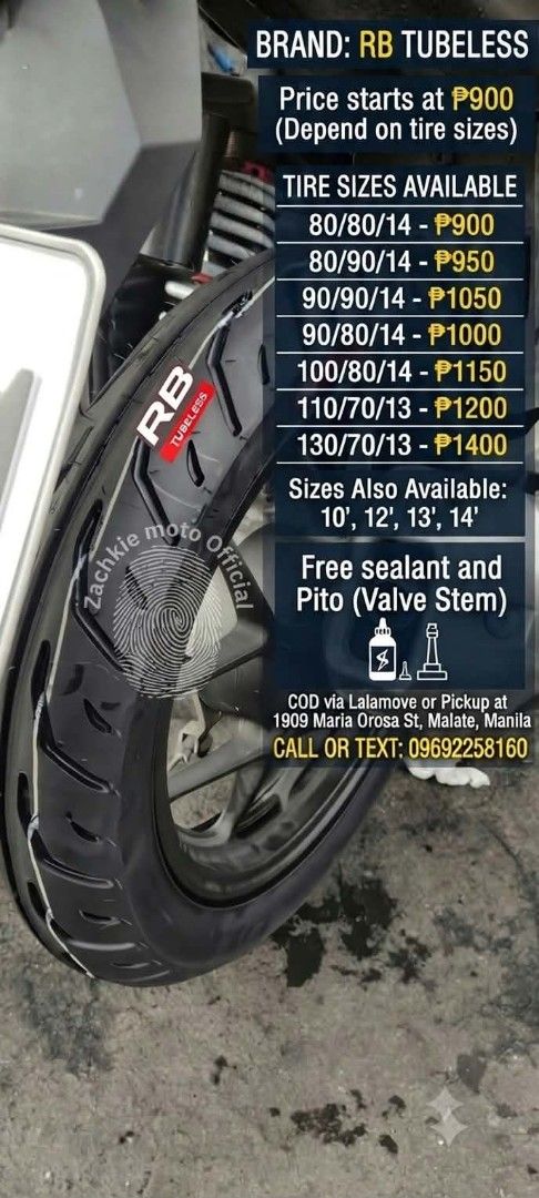 RB Tubeless Tire (Category: Mags and Tires) located in Manila. Submitted by zachkiemoto (Listing ID 1468117572, Image 1). Description: - Brand: RB Tubeless Tires - Available Sizes: 10 to 14 inches - Price Range: ₱900 to ₱1,400 (varies by size) - FREEBIES: Free sealant and valve stem with every purchase - Delivery: COD via Lalamove - Pickup Location: 1909 Maria Orosa St, Malate, Manila - Contact: Call or text 09692258160 for fast inquiries.
