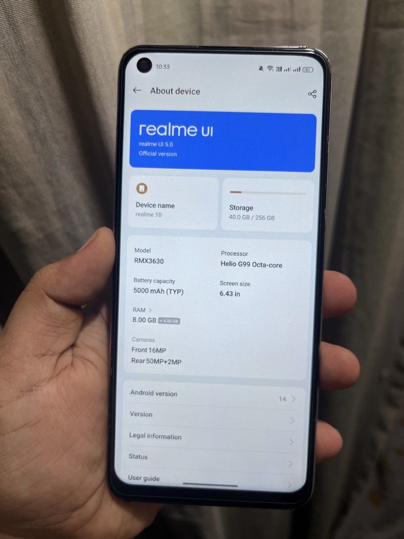 REALME 10 8/256 GB (Category: Realme) located in Manila. Submitted by kofieematch (Listing ID 1468223756, Image 2). Description: FOR SALE: realme 10 8GB RAM / 256GB ROM 📱 Specifications: * 8GB RAM + 256GB Internal Storage * 6.4” FHD+ Super AMOLED Display * 90Hz Refresh Rate * MediaTek Helio G99 Processor * 50MP Main Camera + 2MP Secondary Camera * 16MP Front Camera * 5000mAh Battery * 33W SUPERVOOC Fast Charging * Side Fingerprint Sensor * USB T