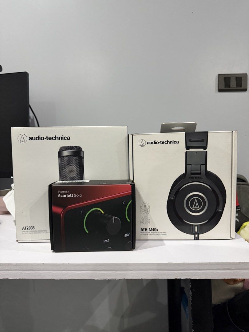Recording set (Category: Other Audio Equipment) located in Quezon City. Submitted by lamateoxxx (Listing ID 1468250426, Image 1). Description: Recording Set For Sale only - Audio Technica AT2035 cardiod condenser mic XLR + XLR cable and generic mic mount - Audio Technica ATH-M40x headphones - Focusrite Scarlett Solo 4th gen Tinest lang Bought last May 2026 with receipt.