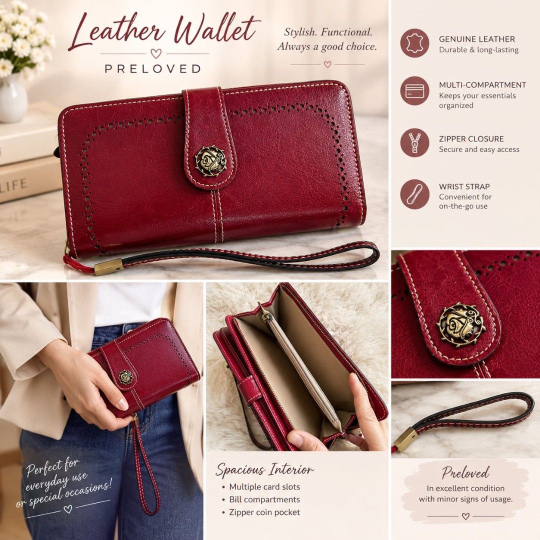 Red Leather Wallet with Wrist Strap (Category: Wallets & Card holders) located in Digos. Submitted by chicandglowbargains (Listing ID 1468070643, Image 1). Description: - Color: Deep red - Material: Leather with contrast stitching and decorative floral snap button - Closure: Secure zip-around - Interior: Multiple card slots, bill compartments, and zippered coin pocket - Extra: Includes a matching wrist strap - Condition: Preloved with minor signs