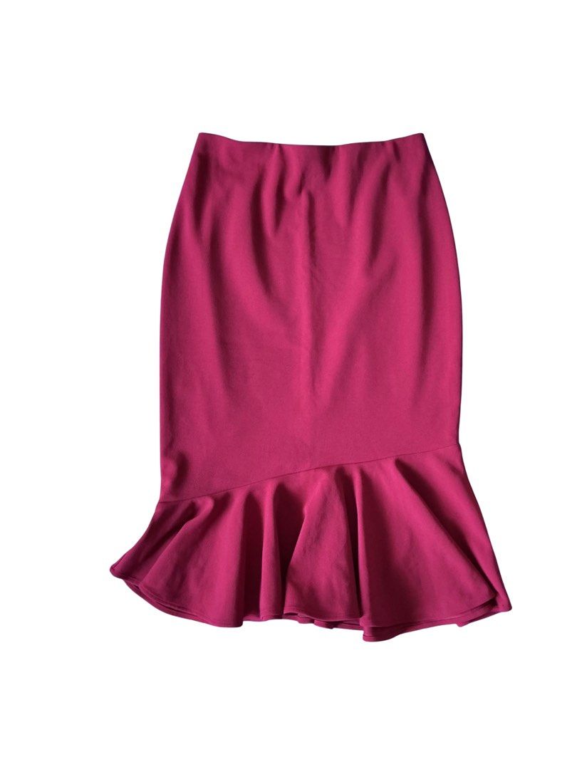 red mermaid ruffle midi skirt (Category: Skirts) located in Narvacan. Submitted by liusaidh (Listing ID 1468199324, Image 1). Description: - Smooth, stretchy fabric for comfort - Fitted top with an asymmetrical dropped waistline - Flared ruffled hem for beautiful movement - Midi length with a convenient pull-on design (no zipper).