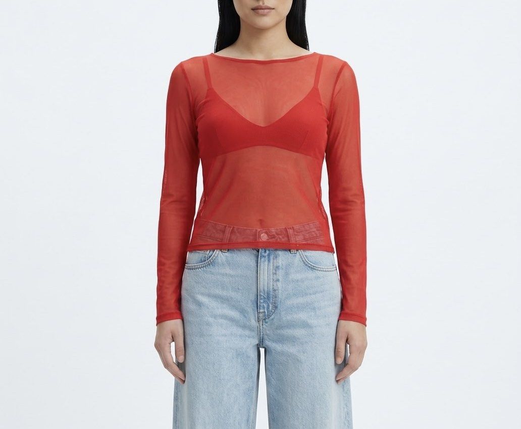 Red Mesh Sheer Longsleeve Top (Category: Shirts) located in Caloocan City. Submitted by declutteringph. (Listing ID 1468216075, Image 1). Description: No Size on the tag! Dimensions: (inches) Shoulder width: 15.5” Bust width: 17” - 19” Body Length: 20” Sleeves Length: 21.5” .